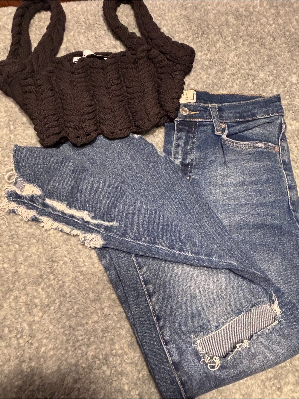 FP Sabrina Skinny Ripped Denim Jeans 28 w/ Zara cropped knit Top S